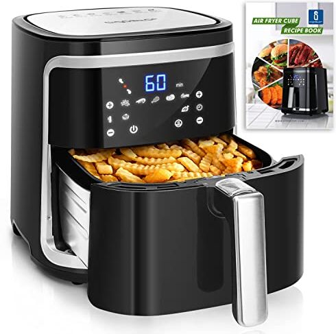 Aigostar Cube 30IBT Friggitrice ad Aria 5-in-1, 1900W, 7L, Pannello touch a led, 7 Scelte già programmate, Forno, Arrostire, Cestello removibile anti aderente, Mantenimento calore, 20- Ricette