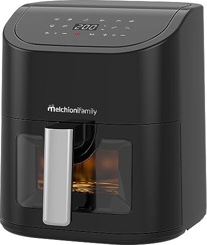 Melchioni Family   Friggitrice ad Aria MARIANNA, Capacità 5,2 litri, con Finestra Trasparente e Display Digitale, Air Fryer Senza Olio con 9 Programmi, 50-200°, Colore Nero