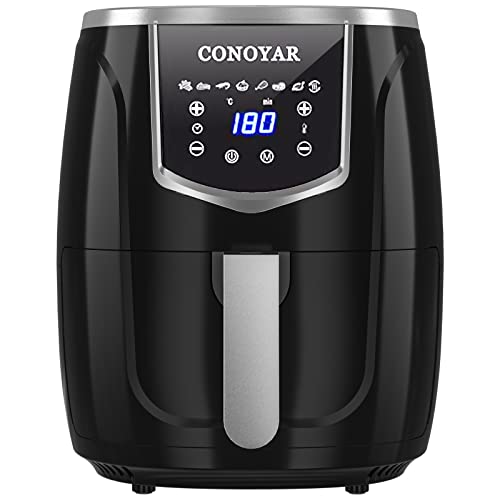 CONOYAR Friggitrice ad Aria 4.5L XXL, Friggitrice ad Aria Calda Senza Olio 1300W, Friggitrice ad Aria con Touch Screen LED Digitale e 8 Programmi, Controllo Preciso della Temperatura con Ricetta, Nero