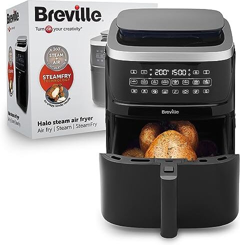 Breville Halo Friggitrice ad aria calda a vapore   Friggitrice ad aria calda digitale da 7 litri con tecnologia SteamFry   50% Efficienza energetica   1700 W   Nero [VDF133X]   Spina UE