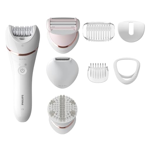 Philips Epilator Series 8000, dispositivo di epilazione Wet & Dry cordless per gambe e corpo con 8 accessori, rasoio, rifinitore ed esfoliante corpo, modello