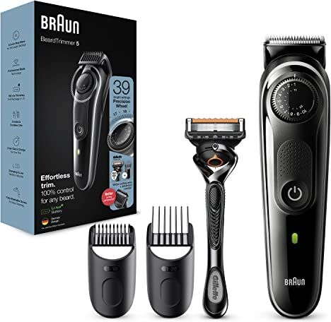 Braun Regolabarba 5 Tagliacapelli Uomo, Rasoio e 2 Accessori inclusi, 39 Impostazioni di Lunghezza, Ideale per Viso e Barba, Idea Regalo, BT5342 Nero e Grigio Metallizzato