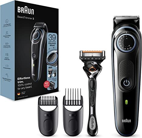 Braun Trimmer per barba Serie 3 e tagliacapelli con rasoio Gillette Fusion5 ProGlide, 39 impostazioni di lunghezza, spina UK 2 pin, BT3240, nero/blu