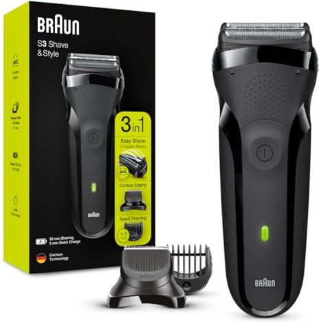 Braun Series 3 RASOIO ELETTRICO BARBA Shave&Style 300BT 3-In-1, REGOLABARBA di Precisione, 5 Pettini, Ricaricabile, senza Fili, Nero