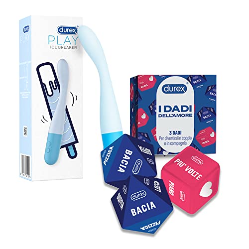 Durex I Dadi dell'Amore e  Ice-breaker, Massaggiatore con velocità regolabile color celeste pastello, e 3 Dadi da Gioco Erotici per coppie e Idee Regalo Romantiche