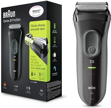 Braun Series 3 ProSkin  Rasoio Elettrico da Uomo Ricaricabile e Senza Fili, Nero, ca/batteria