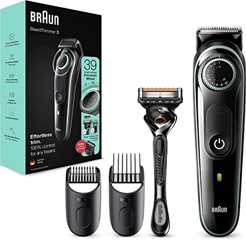 Braun Regolabarba Uomo Rasoio Elettrico Barba Incluso, 39 Impostazioni di Lunghezze, Impeccabile Precisione, per Viso e Barba, Idea Regalo, BT3341 Nero e Color Acqua