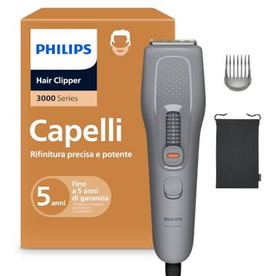 Philips Hair Clipper Serie 3000 Regolacapelli uomo donna, lame autoaffilanti, 9 impostazioni di lunghezza, incrementi di 3 mm, pettine Trim-n-Flow, con filo, Philips Hair Clipper Serie 3000 Regolacapelli uomo donna, lame autoaffilanti, 9 impostazioni di lunghezza, incrementi di 3 mm, pettine Trim-n-Flow, con filo,