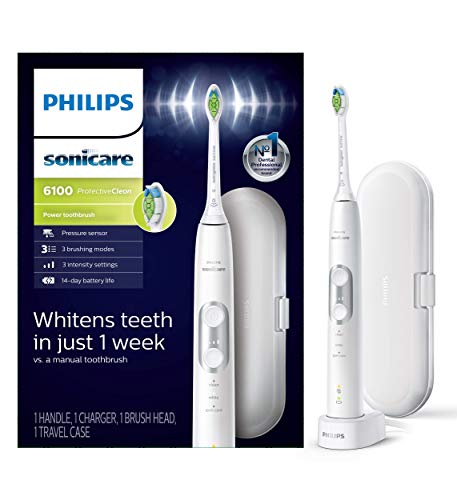 Philips Sonicare ProtectiveClean 6100 Whitening Rechargeable electric toothbrush with pressure sensor and intensity settings, White , 1 Count