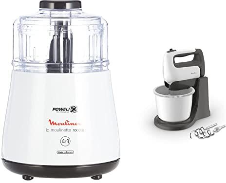 Moulinex DPA141 La Moulinette Tritatutto Elettrico, Adatto per Tutti i Tuoi Alimenti 1000 W, 0.3 l, Bianco & HM4641 Prep'Mix+ Sbattitore Elettrico 500 W, con Fruste e Ganci Impastatori in Acciaio Inox