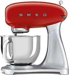 SMEG , Impastatrice Planetaria , 10 Velocità, Smooth Start, Ciotola da 4,8 L, Sicurezza Blocco Motore, Frusta Filo, Frusta Piatta, Gancio e Coperchio Versatore in Dotazione, 800W, Rosso