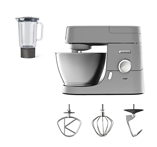 Kenwood Impastatrice Planetaria Chef con Ciotola da 4,6 Litri, 3 ganci di miscelazione + Frullatore da 1,5L, Regolazione elettronica della velocità e Pulse, Potenza 1000watt, Acciaio, Argento