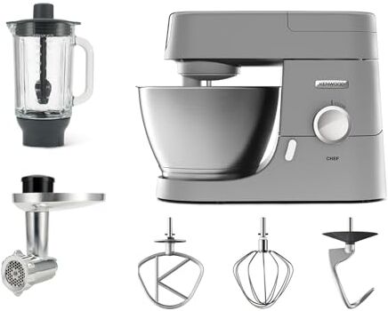 Kenwood Impastatrice Planetaria Chef, in dotazione 3 utensili di miscelazione, Frullatore in vetro da 1,5L e Tritacarne, Ciotola da 4.6 Litri in acciaio, Potenza 1000watt