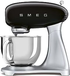 SMEG , Impastatrice Planetaria , 10 Velocità, Smooth Start, Ciotola da 4,8 L, Sicurezza Blocco Motore, Frusta Filo, Frusta Piatta, Gancio e Coperchio Versatore in Dotazione, 800W, Nero