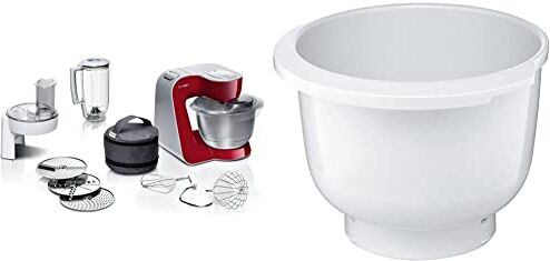 Bosch Planetaria Robot da Cucina, Ciotola in Acciaio da 3.9 L, 7 Velocita, 1000 W, Rosso & MUZ5KR1 Ciotola in plastica per Macchina da Cucina, Bianco