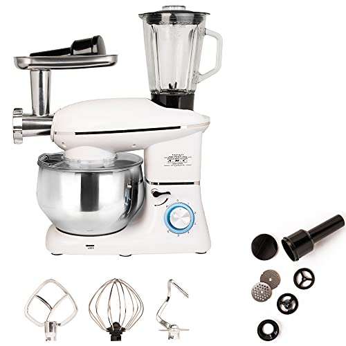 A.M.C. AMC Robot da cucina multifunzione 3 in 1 impastatrice planetaria, mixer frullatore, tritatutto capienza 6,5 litri 2120W extra potente, trita carne accessori inclusi (Bianco)