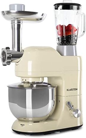 KLARSTEIN Lucia Morena Robot da Cucina, Impastatrice, Planetaria con Tritacarne, 2000 W, 5 L, Mixer con Sistema Planetario, Ganci per Pasta, Shaker da 1,5 L, Velocità Regolabile, Crema