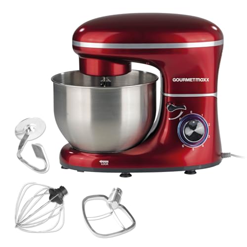 GOURMETmaxx Robot da cucina con funzione di impastamento e miscelazione   Con grande ciotola in acciaio inox da 5 litri   Incl. accessorio per mescolare, gancio per impasto e frusta [1500 watt/rosso]