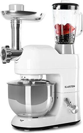 KLARSTEIN Lucia Bianca Robot da Cucina, Impastatrice, Planetaria con Tritacarne, 2000 W, 5 L, Mixer con Sistema Planetario, Ganci per Pasta, Shaker da 1,5 L, Velocità Regolabile, Bianco Fumo