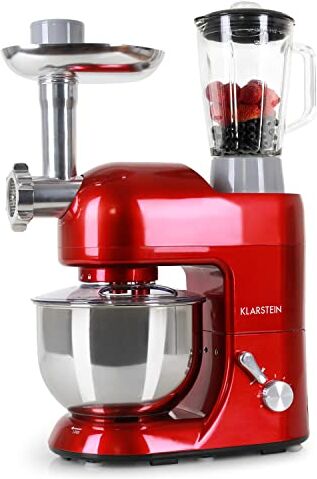 KLARSTEIN Lucia Rossa Robot da Cucina, Impastatrice, Planetaria con Tritacarne, 2000 W, 5 L, Mixer con Sistema Planetario, Ganci per Pasta, Shaker da 1,5 L, Velocità Regolabile, Rosso