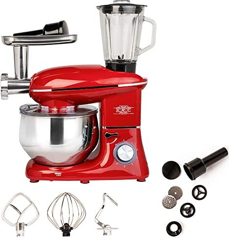 A.M.C. AMC Robot da cucina multifunzione 3 in 1 impastatrice planetaria, mixer frullatore, tritatutto capienza 6,5 litri 2120W extra potente, trita carne accessori inclusi (Rosso)