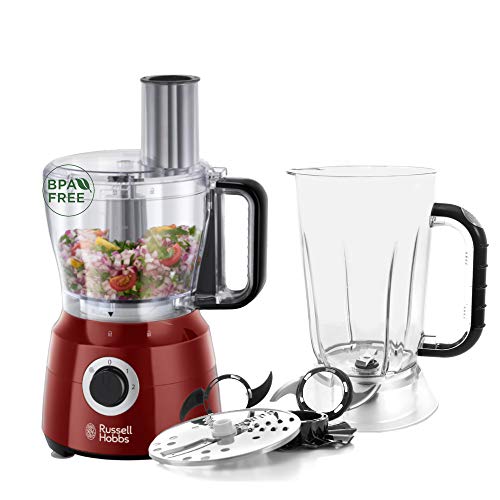 Russell Hobbs Robot da Cucina, ciotola 2.5 L, Gancio impastatrice incluso, Frullatore elettrico (+bicchiere 1.5 L), Accessorio per emulsioni, 600 W, 1.5 L, 2 Velocita', Desire Rosso,