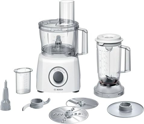 Bosch , MultiTalent 3 Robot da Cucina Multifunzione Compatto Oltre 30 Funzioni, 800 W, Ciotola 2,3 l, Disco per Affettare, Tagliare e Grattugiare, Bicchiere frullatore incluso, Bianco