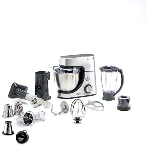 Moulinex 1100 W, kit pasticceria, frullatore, tagliaverdure con accessorio per macedonia, tritacarne, mini tritacarne, masterchef gourmet argento