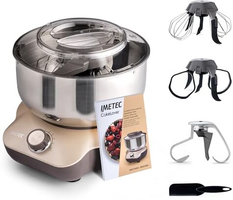 Imetec CakeLover, Impastatrice Planetaria di 5L per Torte, Dolci, Pizza, Pane, Pasta – 1500 W, 6 Velocità, Ciotola in Acciaio Inox, Doppio Gancio, Fruste – Design Compatto, Ricettario Incluso