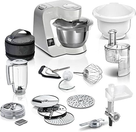 Bosch Robot da cucina serie 4 , bilancia integrata, 2 ciotole da 3,9 l, mixer 1,25 l, set di miscelazione, tritacarne, taglierina a cubo, 1000 W, colore: grigio/argento