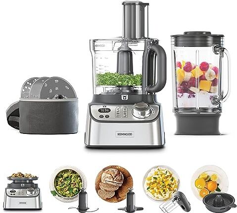 Kenwood Robot da cucina MultiPro Express Weigh  con 7 Accessori Inclusi + Custodia, Bilancia Digitale Integrata, Ciotola da 3L con manico, Velocità Regolabile+Pulse, 1000watt, silver