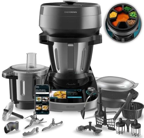 Cecotec Robot da Cucina Multifunzione con Dispensatore di Alimenti Mambo CooKing Total Gourmet. 2200 W, 45 Funzioni, Migliaia di Ricette Guidate, Brocca Unique da 5L e Brocca Victory da 5L, Accessori