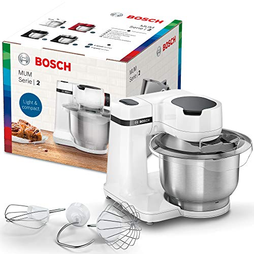 Bosch Robot da cucina MUM Serie 2, 700 W, ciotola in acciaio inox da 3,8 l, 4 livelli di lavoro, livelli, set per pasticceria, in acciaio INOX, colore: Bianco
