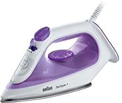 Braun TexStyle 1 Piastra a V apor con suola con rivestimento SuperCeramic, Stiratura leggera e rapida, Riscaldamento rapido, Modalità Eco, Facile da riempire 220 ml, 2000 W, SI 1080 VI, Bianco, Viola