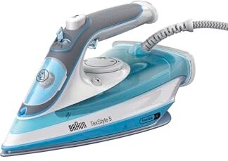 Braun TexStyle5 SI5006BL Ferro da Stiro a Vapore con Tecnologia FreeGlide 3D, Punta di Precisione, Funzione Autopulente e Autospegnimento, Impugnatura Aperta, Grigio/Azzurro