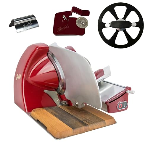 Berkel Affettatrice Home Line 250 in rosso – Affettatrice Premium con tagliere fatto a mano + tagliacoltelli + inserto abrasivo + pinza da affettare