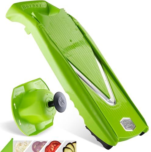 Börner V5 PowerLine Affettaverdure Basic Set (3 pezzi) •Tagliaverdure (Mandolina a V) per frutta e verdura + supporto per verdura • 4 spessori di taglio • Set di affettatrici da cucina (Verde)