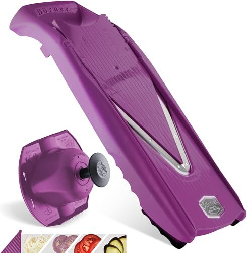 Börner V5 PowerLine Affettaverdure Basic Set (3 pezzi) •Tagliaverdure (Mandolina a V) per frutta e verdura + supporto per verdura • 4 spessori di taglio • Set di affettatrici da cucina (Viola)