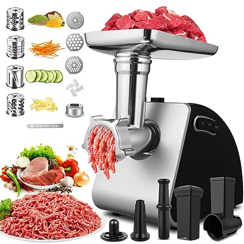 COOCHEER Tritacarne Elettrico 2000W, 5 in 1 Multifunzione Tritacarne Tritatutto con 3 piastre di macinatura, 4 lame a cono, Kuba e accessorio da pasticceria