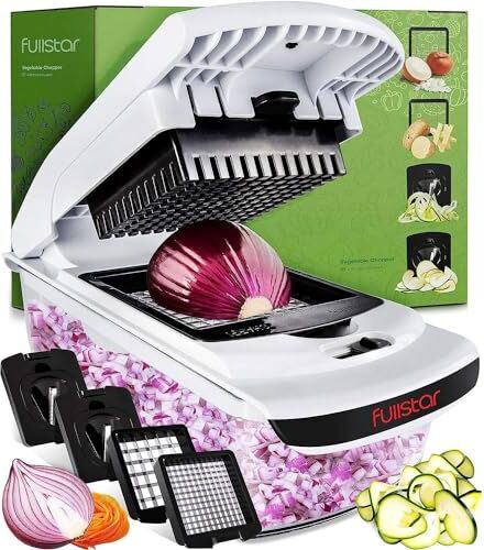 fullstar Taglia Verdure Affetta Verdure Manuale Spiralizzatore di Verdure Multifunzione Tritatutto Affettatrice Manuale Tagliaverdure Frutta Cipolla Patate Cubetti Julienne (4-in-1 Blanco)