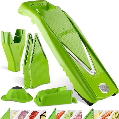 Börner V5 PowerLine Affettaverdure Set professionale (7 pezzi) • Tagliaverdure (Mandolina a V) per frutta e verdura + accessori • 8 tipi di taglio • Set di affettatrici da cucina (Verde)