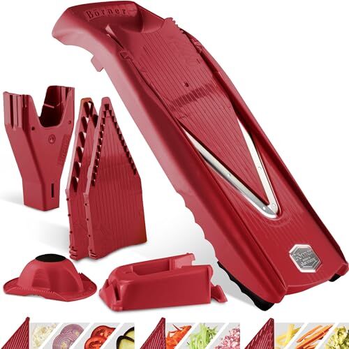 Börner V5 PowerLine Affettaverdure Set professionale (7 pezzi) • Tagliaverdure (Mandolina a V) per frutta e verdura + accessori • 8 tipi di taglio • Set di affettatrici da cucina (Rosso)