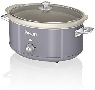 Swan Retro  Slow Cooker 6,5L Contenitore di Cottura rimovibile, Ceramic Non-Stick PFOA & PTFE Free, 3 Livelli di Temperatura, Coperchio di Vetro, Design Vintage, Grigio, 320W