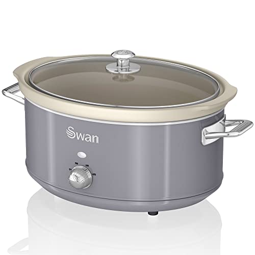 Swan Retro  Pentola Cottura Lenta 6,5L Contenitore Estraibile, Antiaderente Ceramica Libera PFOA e PTFE, 3 Livelli Temperatura, Coperchio Vetro, Slow Cooker Design Vintage, Grigio, 320W