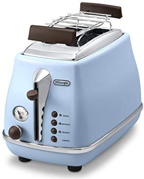 DeLonghi CTOV 2103.AZ Tostapane a 2 fette Icona Vintage, Controllo Progressivo del Grado di Tostatura, 3 funzioni, Scaldabrioches, Raccoglibriciole, Piedini Antiscivolo,900 Watt, Plastica, azzurro