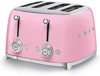 SMEG , Tostapane 4x4 , 4 Scomparti da 36mm, 6 Livelli di Doratura, Funzione Riscaldamento, Scongelamento e Bagel, Espulsione Automatica del Pane, 2 Cassetti Raccoglibriciole, 2000W, Rosa