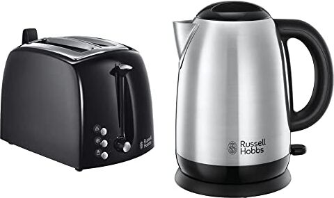 Russell Hobbs Adventure Bollitore, 2400 W, 7 Tazze, Plastica, Acciaio Inossidabile, Acciaio & 22601-56 Tostapane, 850 W, Strato Esterno In Plastica, 2 Scomparti, Nero