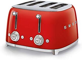 SMEG , Tostapane 4x4 , 4 Scomparti per 4 fette, 6 Livelli di Doratura, Funzione Riscaldamento, Scongelamento e Bagel, Espulsione Automatica del Pane, 2 Cassetti Raccoglibriciole, 2000W, Rosso