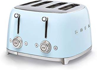 SMEG , Tostapane 4x4 , 4 Scomparti da 36mm, 6 Livelli di Doratura, Funzione Riscaldamento, Scongelamento e Bagel, Espulsione Automatica del Pane, 2 Cassetti Raccoglibriciole, 2000W, Azzurro