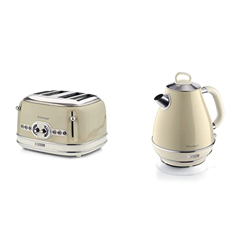 Ariete 156 Tostapane Vintage 4 Fette, 1600 watt, 6 livelli di tostatura & 2869 Bollitore Elettrico Vintage, Acciaio Inox, 1,7 L, Autospegnimento, 2000 W, per Acqua, Tè e Tisane, Beige Pastello